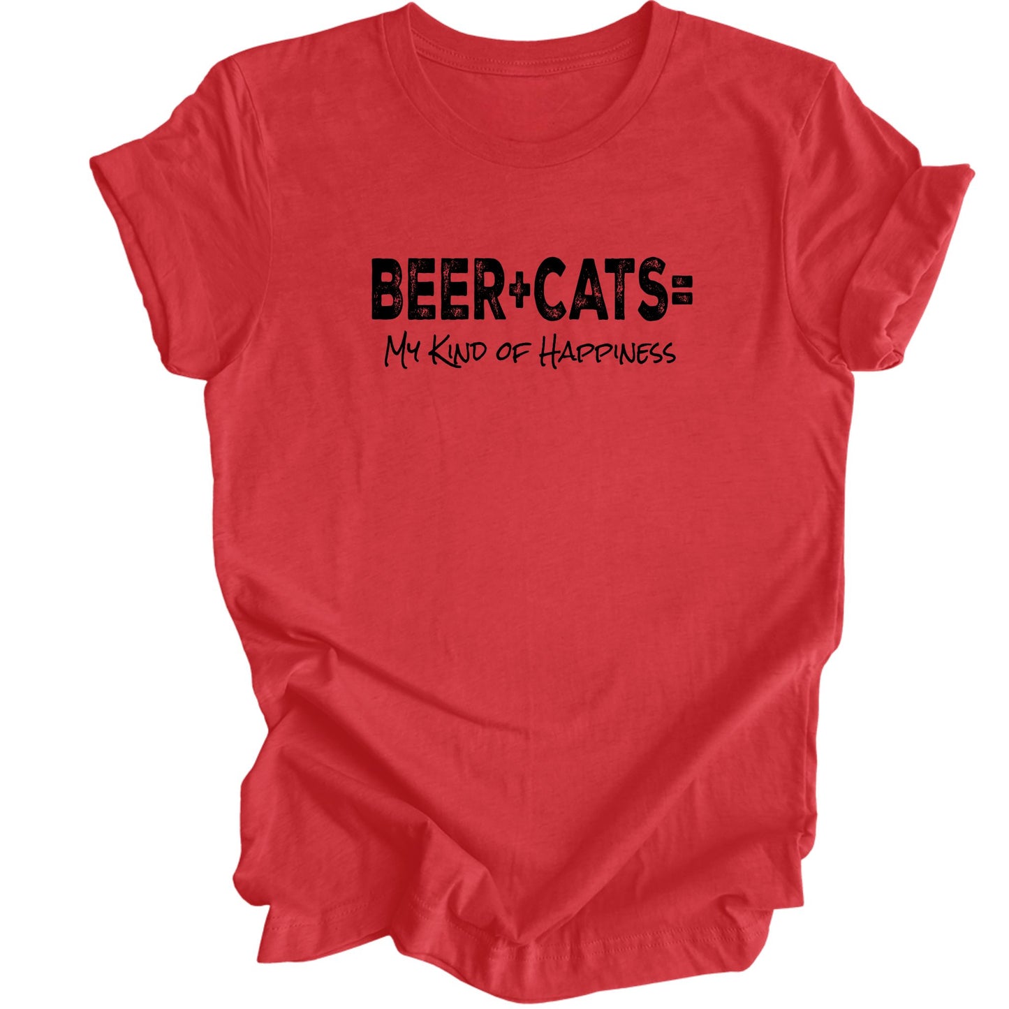 Heather Red shirt with Black Text "Beer+Cats= My Kind of Happiness"