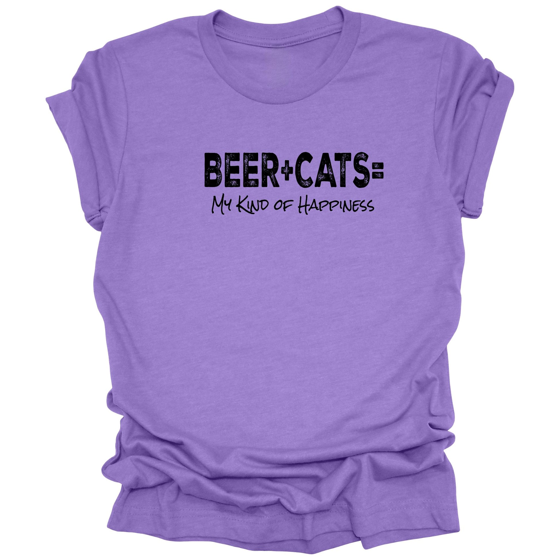 Heather Purple shirt with distressed text that says "Beer + Cats =  My Kind of Happiness"