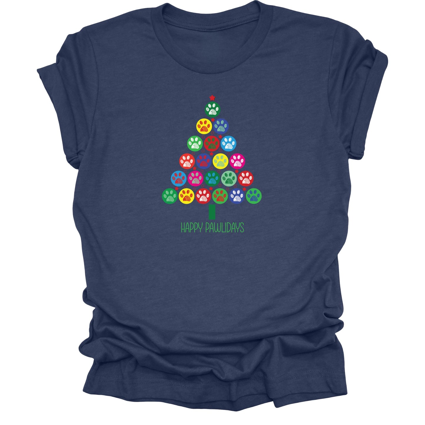 Navy Blue t-shirt featuring a colorful Christmas tree made of paw prints with green text  of "Happy Pawlidays".