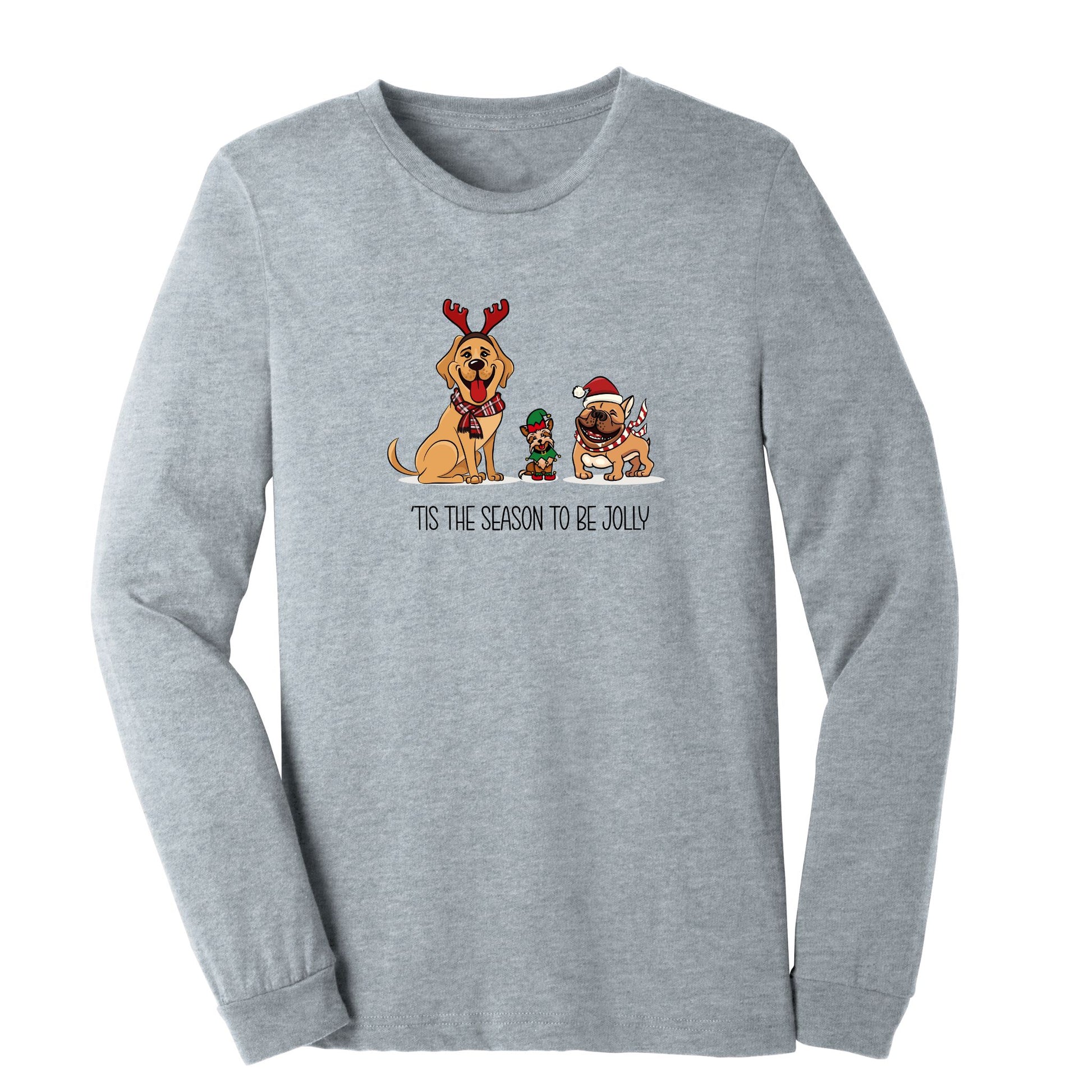 Festive long-sleeve t-shirt in athletic gray featuring three happy dogs, two in Santa hats and one in an elf hat, perfect for dog lovers and holiday celebrations.