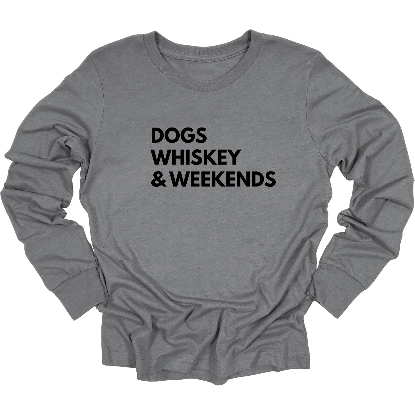 Classic long sleeve deep heather gray t-shirt with simple text Dogs Whiskey & Weekends