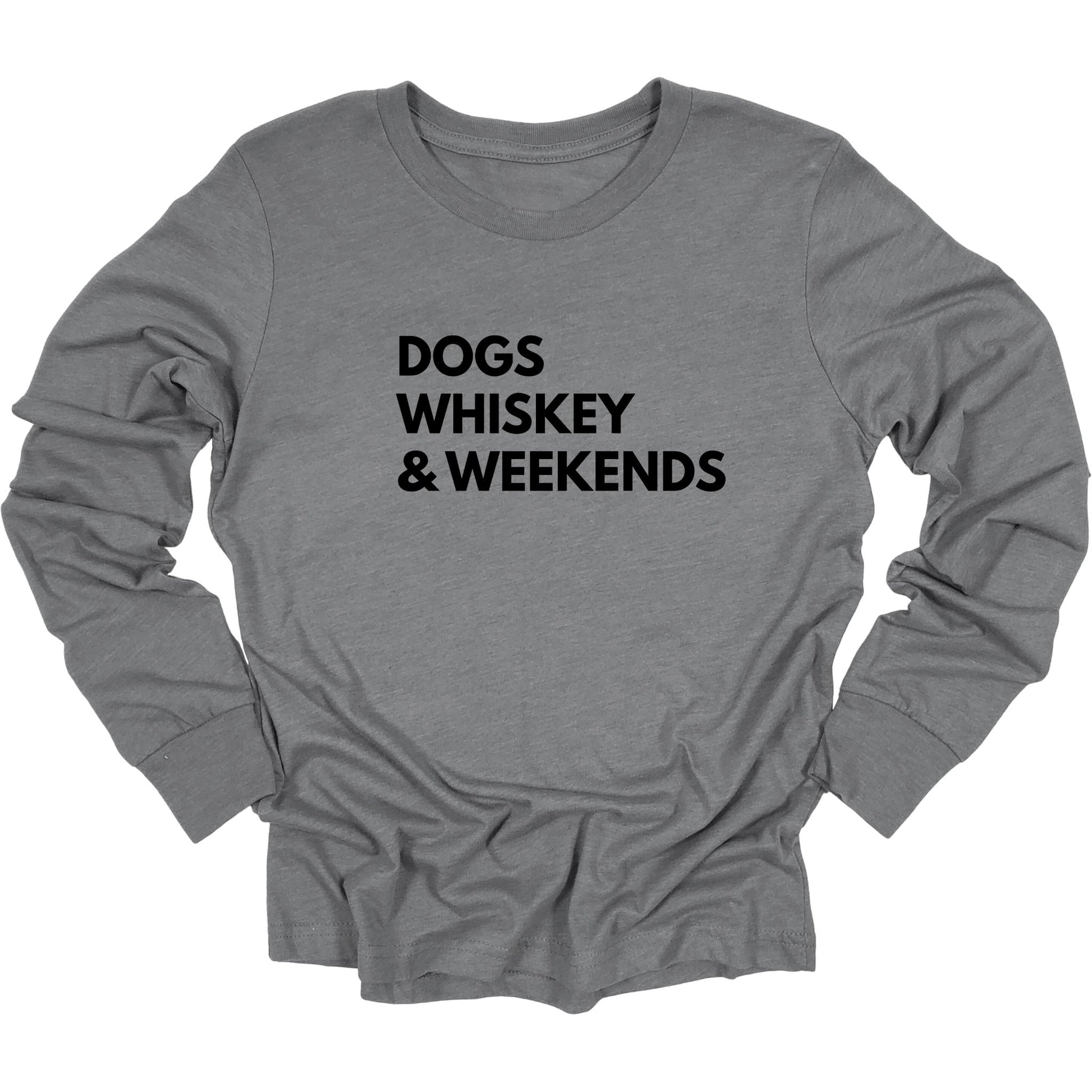 Classic long sleeve deep heather gray t-shirt with simple text Dogs Whiskey & Weekends