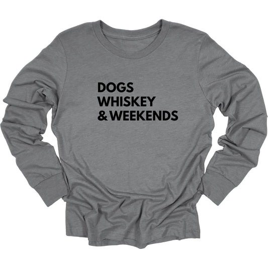 Classic long sleeve deep heather gray t-shirt with simple text Dogs Whiskey & Weekends