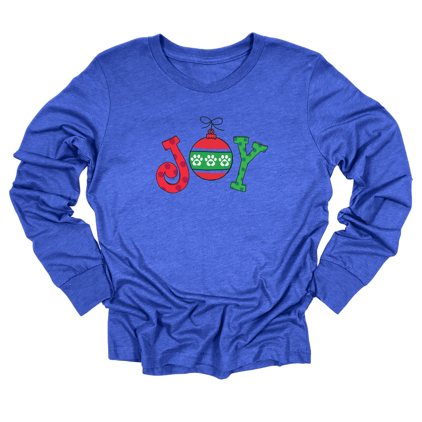 Long sleeve blue shirt with a pet themed whimsical "JOY"