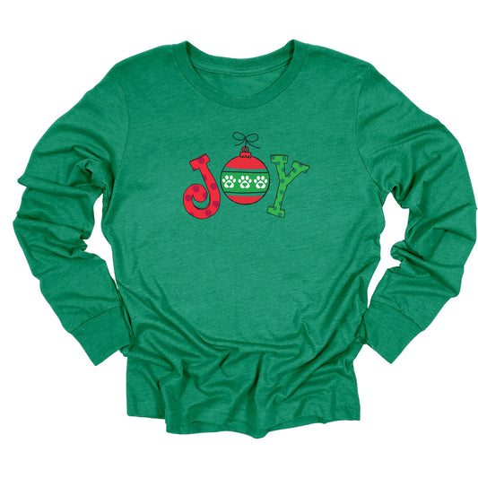 Long sleeve kelly green shirt with a pet themed whimsical "JOY"