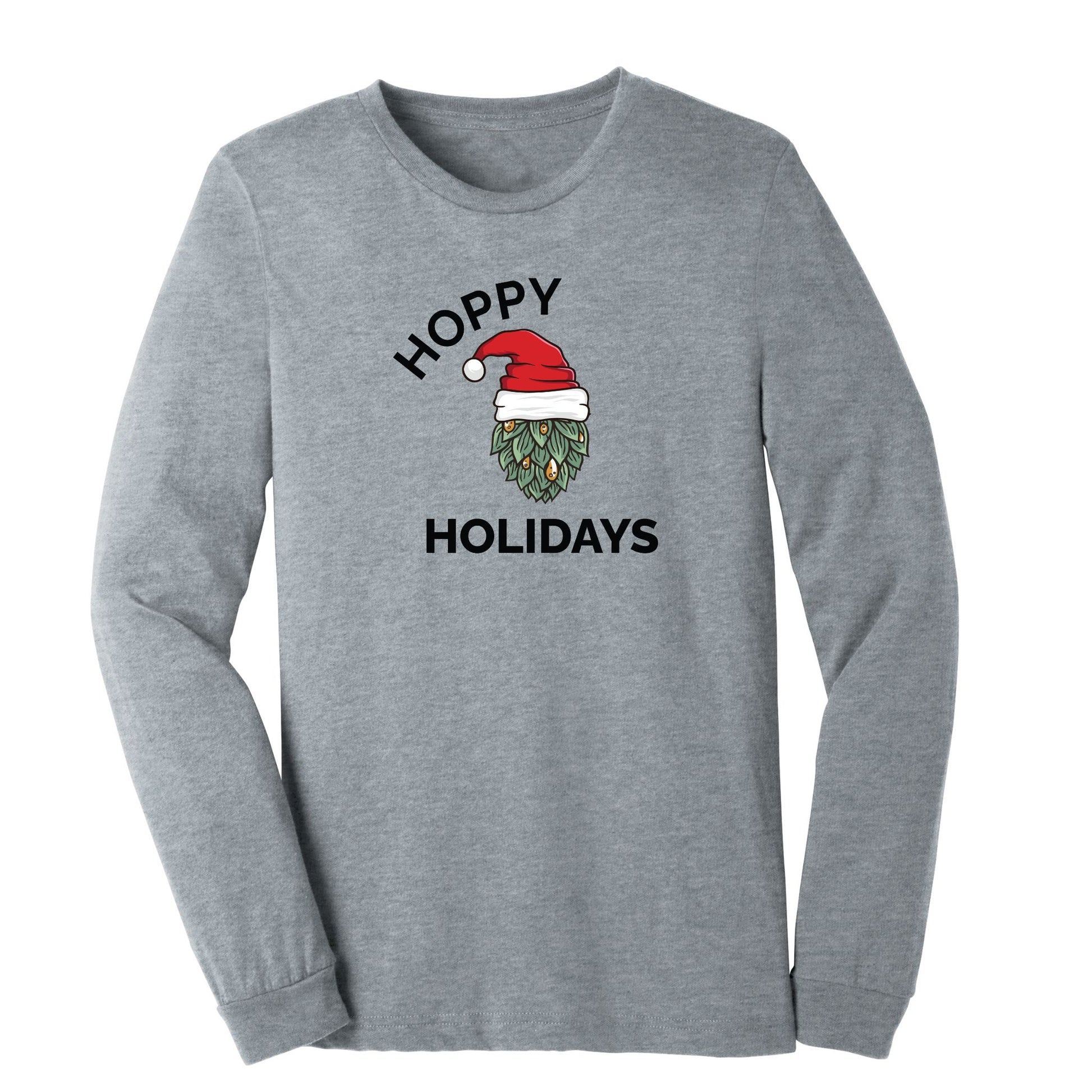 Athletic gray shirt with 'Hoppy Holidays' in white text, featuring a hop wearing a Santa hat in the center.