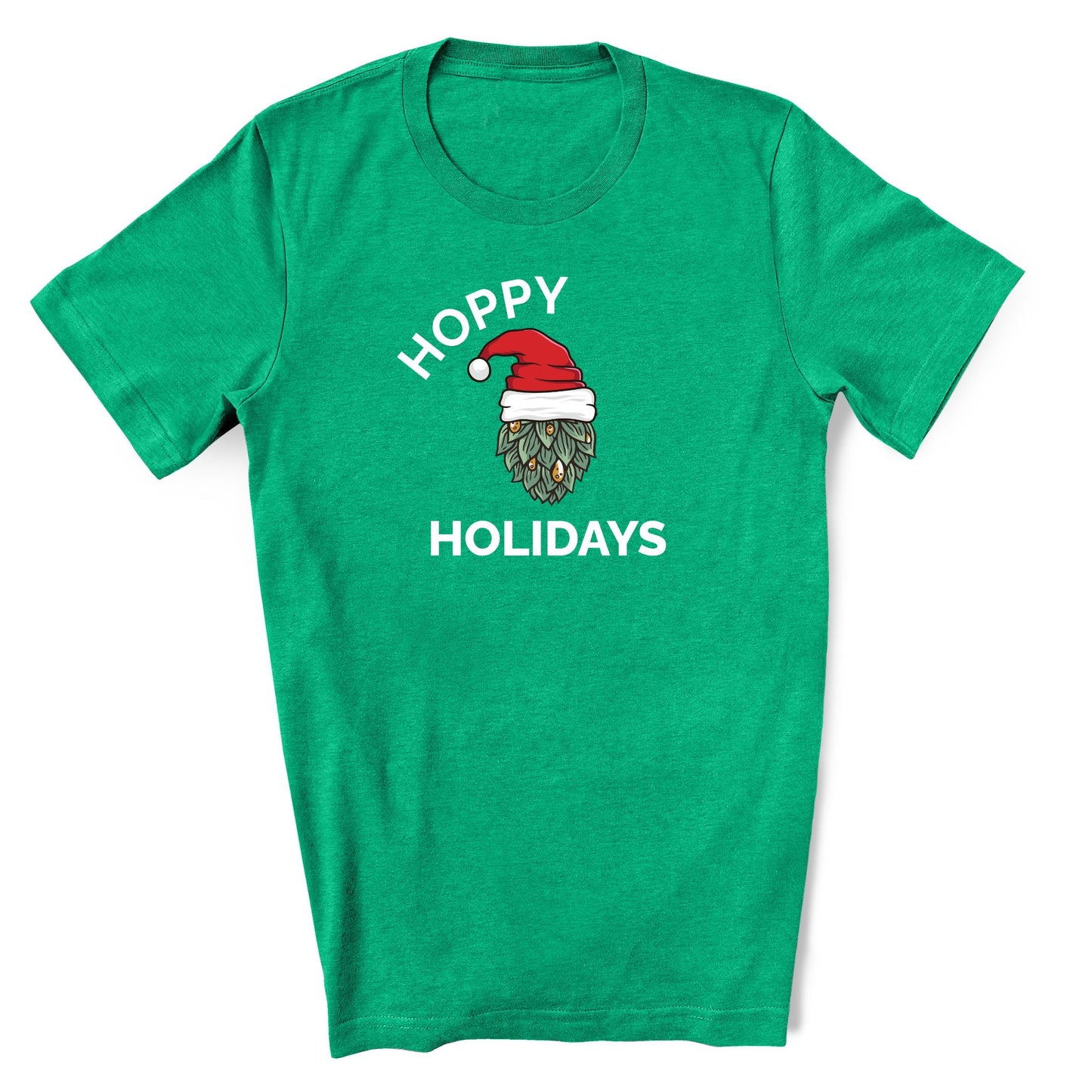 Heather kelly Green shirt that says Hoppy Holidays in white text. In the middle of the text features a hop with a santa hat. Funny Christmas shirt for beer lover