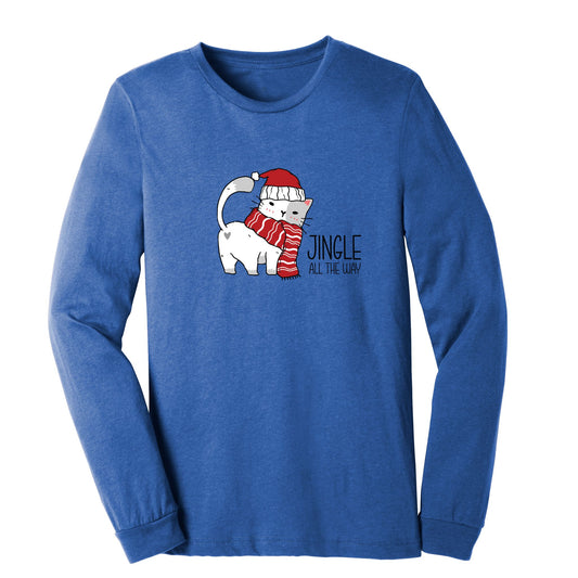 Blue long-sleeve shirt with a cat in a Santa hat and red and white scarf looking back. In black text "Jinge All the Way"