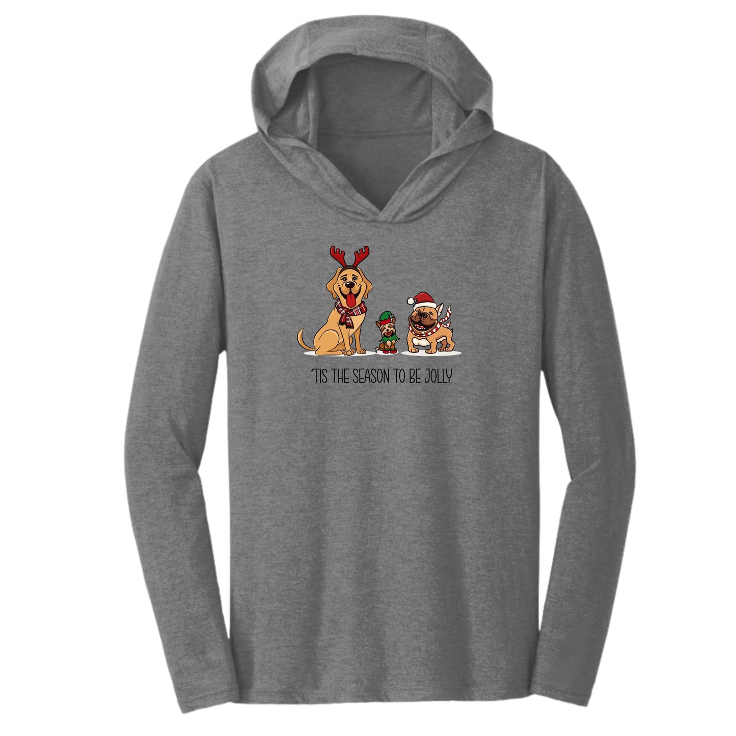 Festive triblend t-shirt hoodie in heather true royal featuring three happy dogs, two in Santa hats and one in an elf hat, perfect for dog lovers and holiday celebrations.