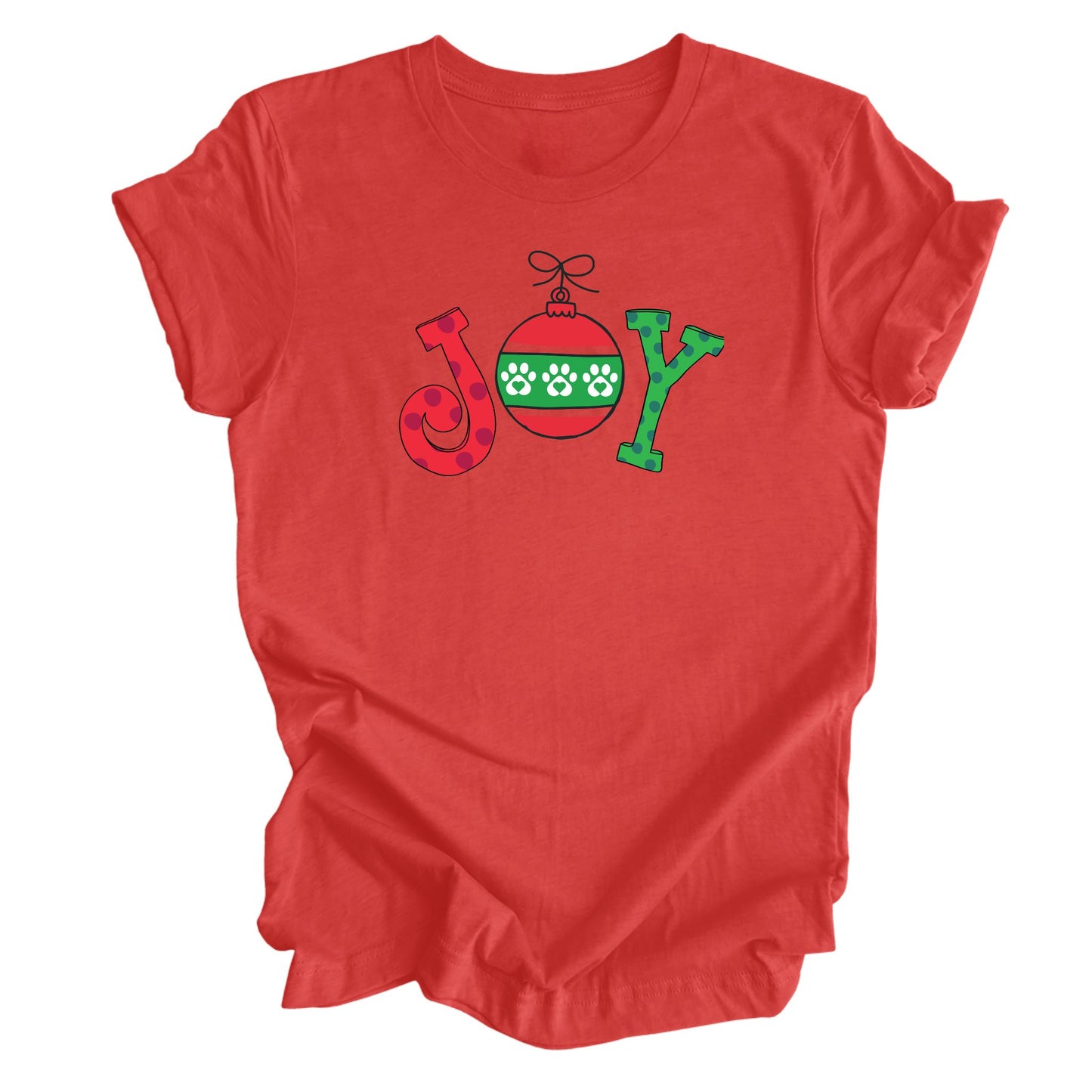 Heather Red t-shirt with "Joy" in a whimsical font. The "O" is an ornament with paw prints.
