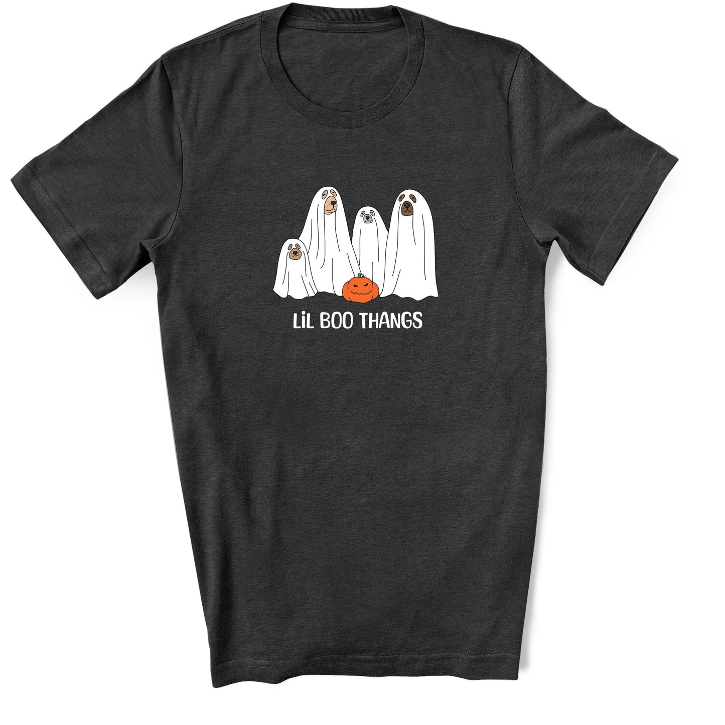 Dark Gray Heather Halloween Shirt featuring a group of dogs dressed in ghost costumes