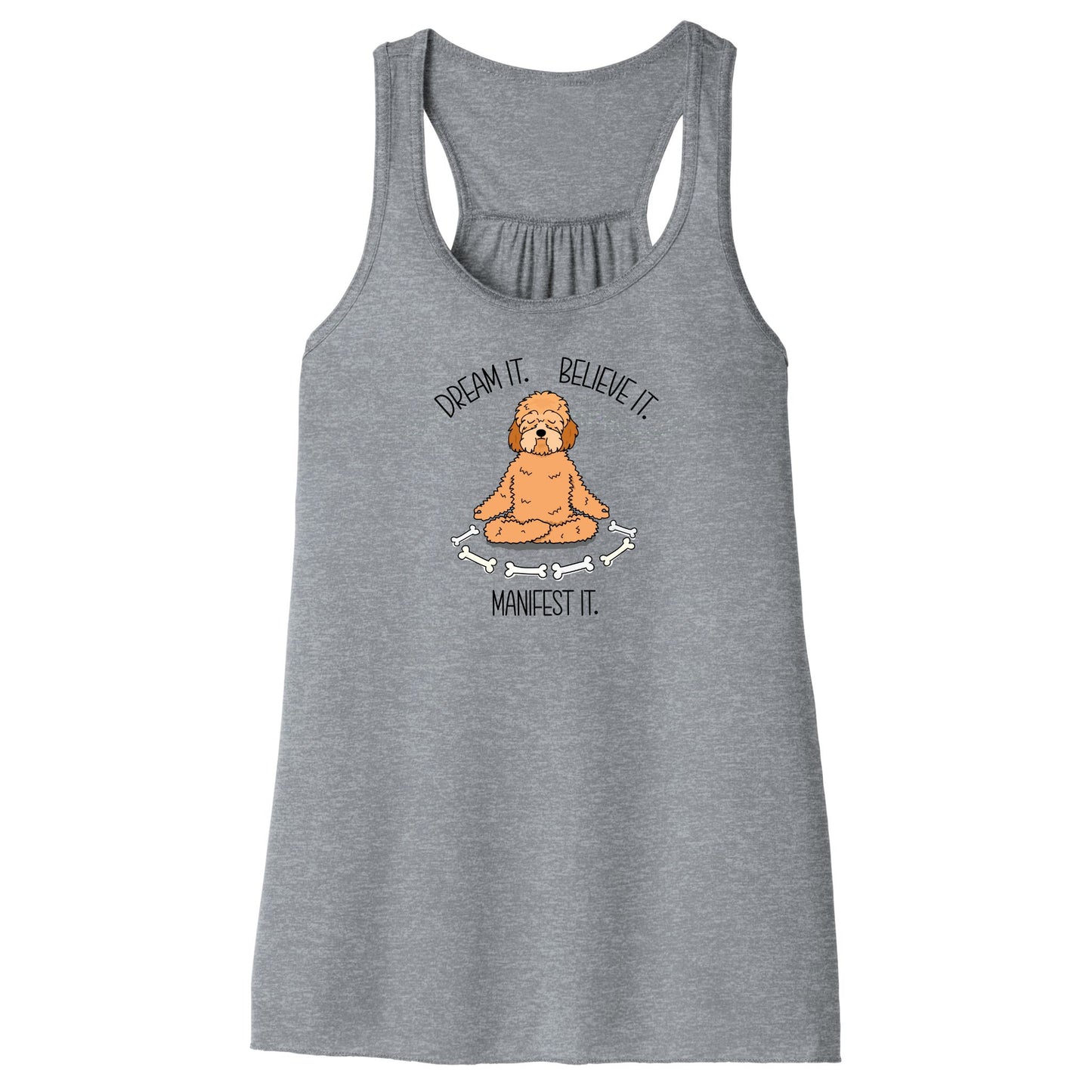 Women’s Manifest It tank top in gray
featuring a meditating doodle dog with bones and the mantra “Dream it. Believe it. Manifest it.” in a soft, lightweight racerback style perfect for yoga and dog lovers.