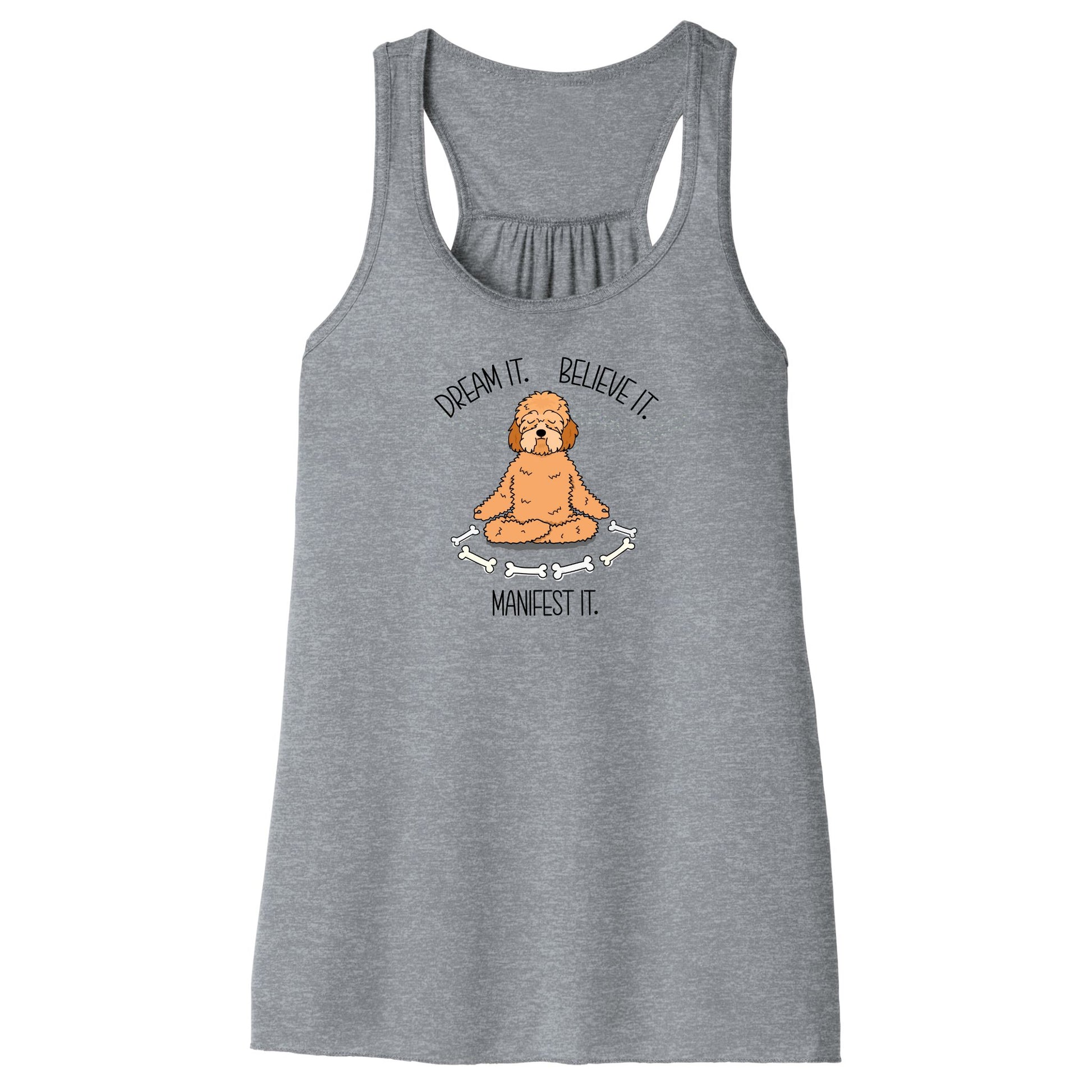 Women’s Manifest It tank top in gray 
featuring a meditating doodle dog with bones and the mantra “Dream it. Believe it. Manifest it.” in a soft, lightweight racerback style perfect for yoga and dog lovers.