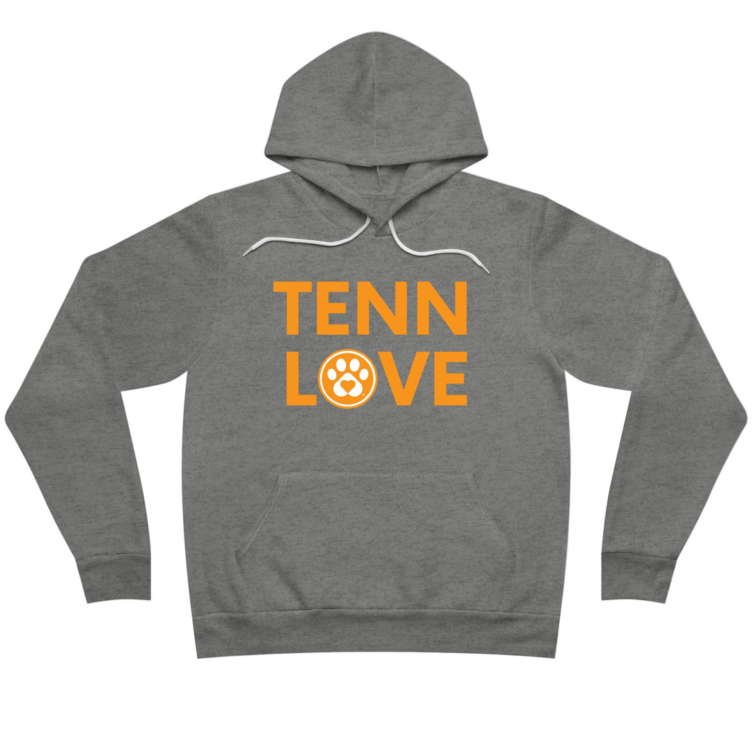 Deep heather gray hoodie sweatshirt that has Tenn Love in bright Tennessee orange text. The O in Love has a white paw print.