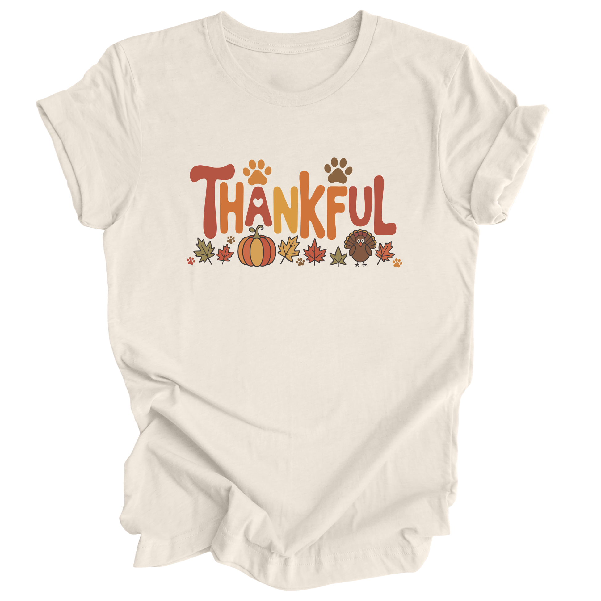 Natural color shirt with Thankful in whimsical font with fall themed and pet themed icons