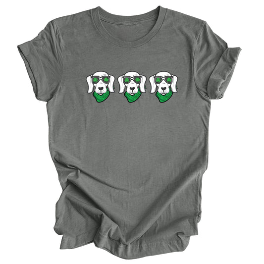 Deep heather shirt featuring 3 white dogs with shamrock sunglasses and green bandandas
