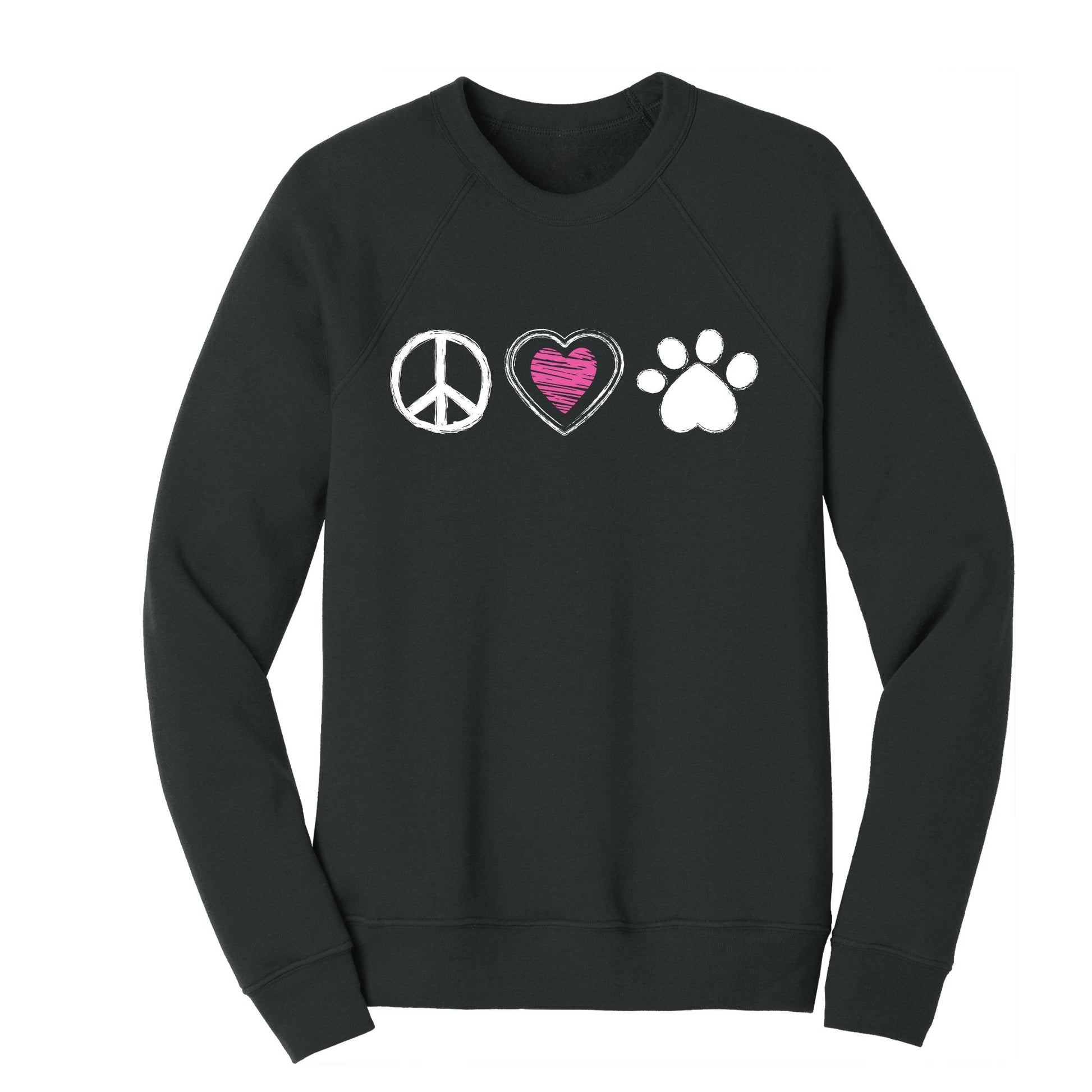 Dark Grey Heather Sponge Fleece Sweatshirt from Luv the Paw with Peace, Love and Paw symbols in white. The heart is pink in the middle.