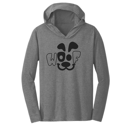 Grey hoodie designed for pet parents. It has Woof with a dog face in the middle.