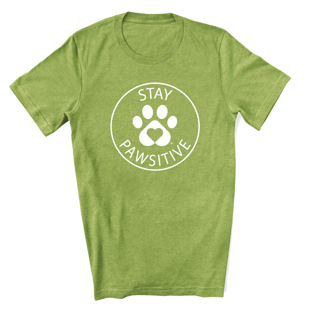 Heather green shirt that has Stay Pawsitive graphic
