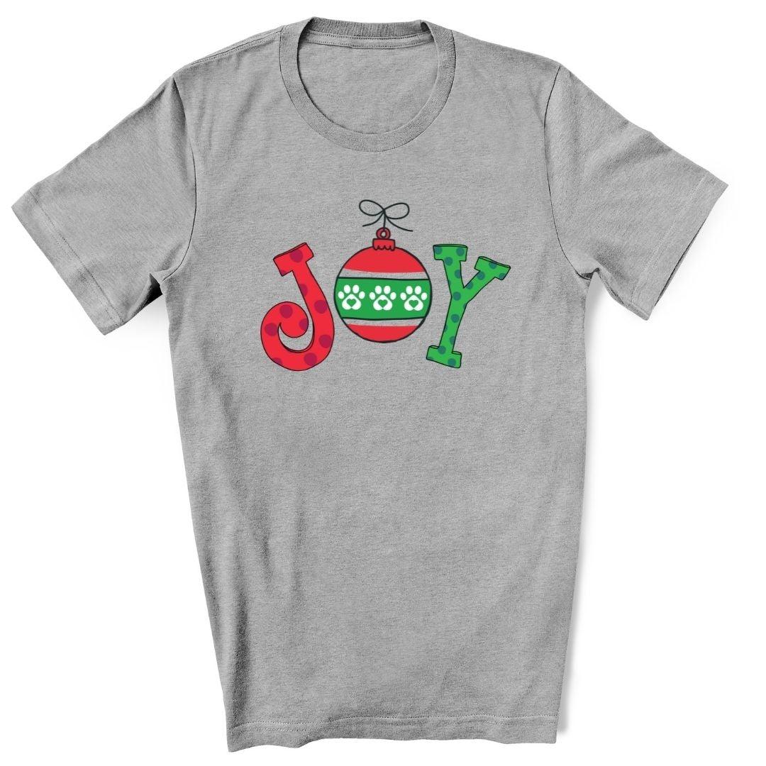 Athletic gray shirt with "Joy" in a whimsical font. The "O" is an ornament with paw prints.