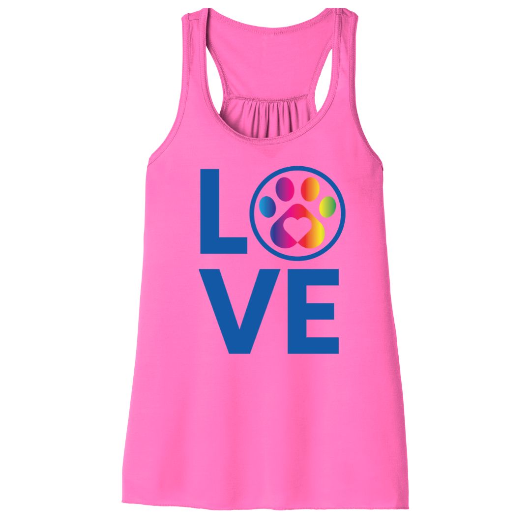 Women’s Rainbow LOVE tank top in neon pink with colorful rainbow and paw print design, soft, flowy lightweight racerback style.