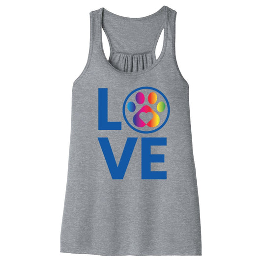 Women’s Rainbow LOVE tank top in athletic gray with colorful rainbow and paw print design, soft, flowy lightweight racerback style.