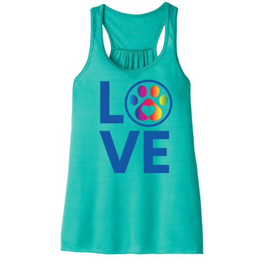 Women’s Rainbow LOVE tank top in teal with colorful rainbow and paw print design, soft, flowy lightweight racerback style.