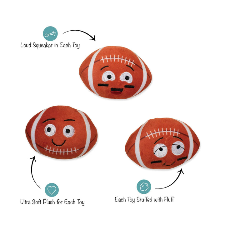 Three plush football toys with cartoon faces on a white background, with text callouts describing features like a loud squeaker and ultra soft plush.