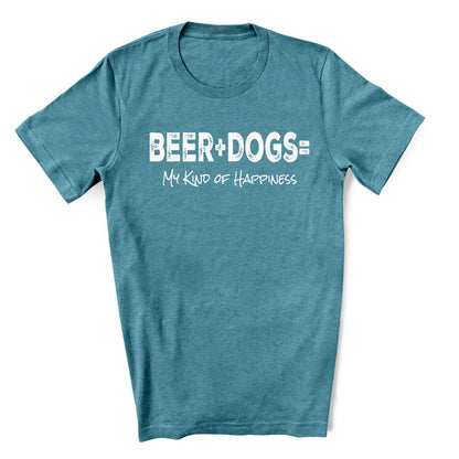 Teal shirt with distressed white text that says "Beer + Dogs =  My Kind of Happiness"