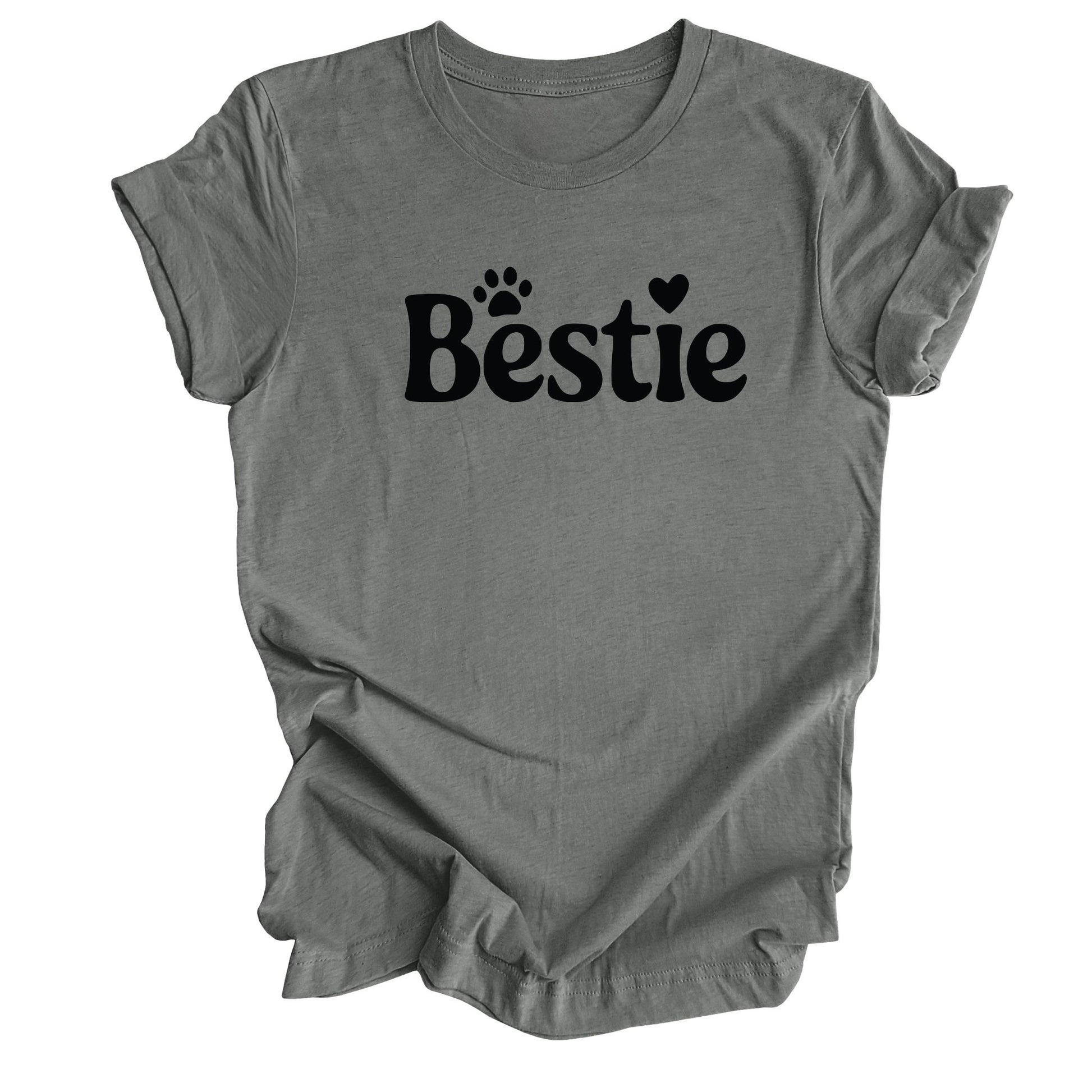 Deep Heather Gray Bestie t-shirt paw print with heart and Text “Bestie” perfect for pet lovers