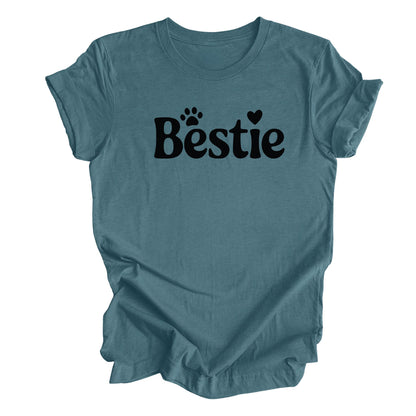 Heather teal Bestie t-shirt paw print with heart and Text “Bestie” perfect for pet lovers
