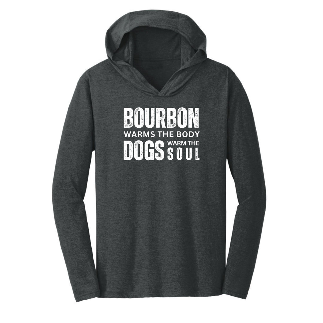 Tri-blend t-shirt hoodie in black frost with text "Bourbon Warms the Body, Dogs Warm the Soul".