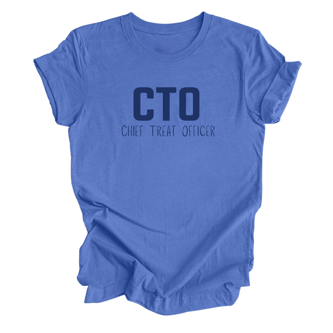 Dog themed graphic shirt in heather blue with text CTO Chief Treat Officer