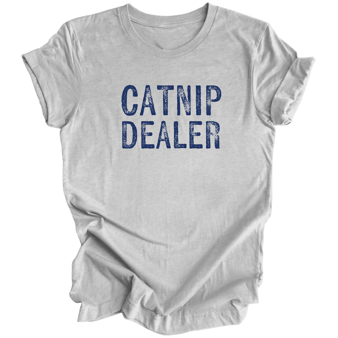 Athletic gray t-shirt with the words 'Catnip Dealer' printed in distressed blue font.