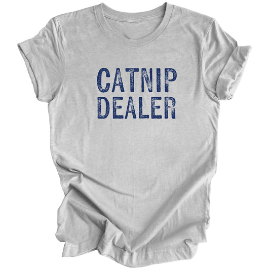 Athletic gray t-shirt with the words 'Catnip Dealer' printed in distressed blue font.