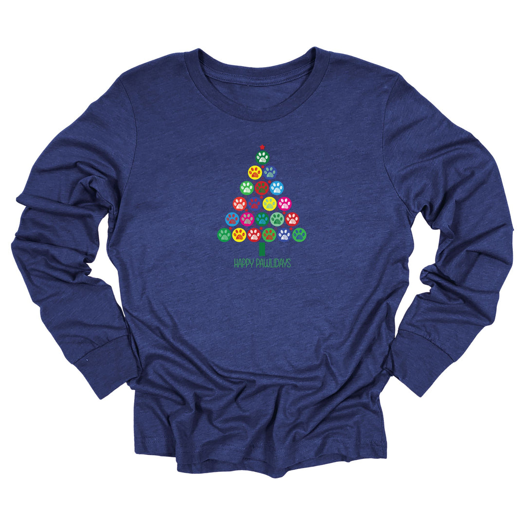 Long sleeve heather navy shirt with a Christmas Tree made of bright colored paw prints and in Green Text below "Happy Pawlidays"