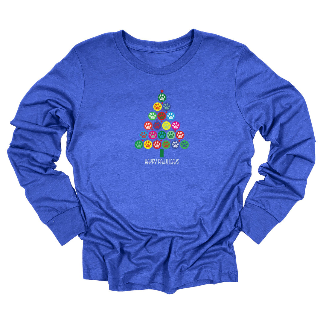 Long sleeve heather royal blue shirt with a Christmas Tree made of bright colored paw prints and in white Text below "Happy Pawlidays"