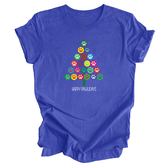 Royal blue t-shirt featuring a colorful Christmas tree made of paw prints with the text "Happy Pawlidays" in white.
