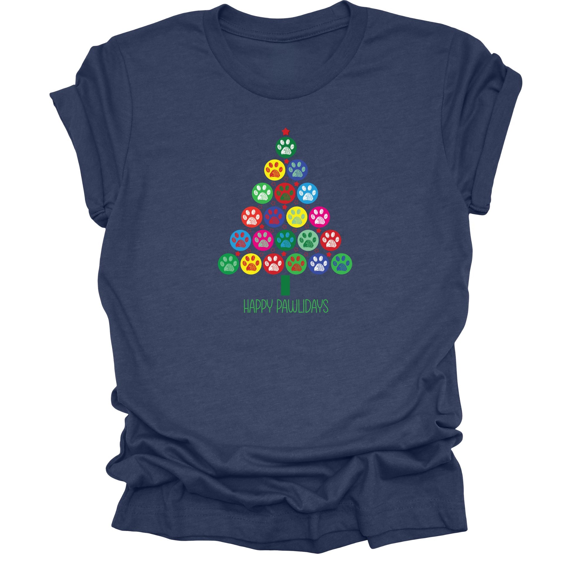 Navy Blue t-shirt featuring a colorful Christmas tree made of paw prints with green text  of "Happy Pawlidays".