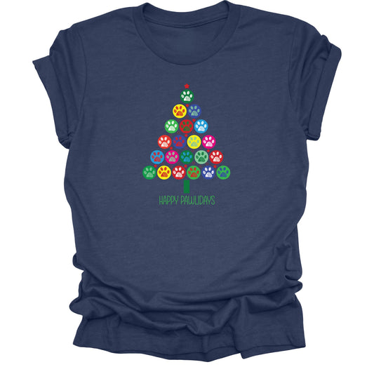 Navy Blue t-shirt featuring a colorful Christmas tree made of paw prints with green text  of "Happy Pawlidays".