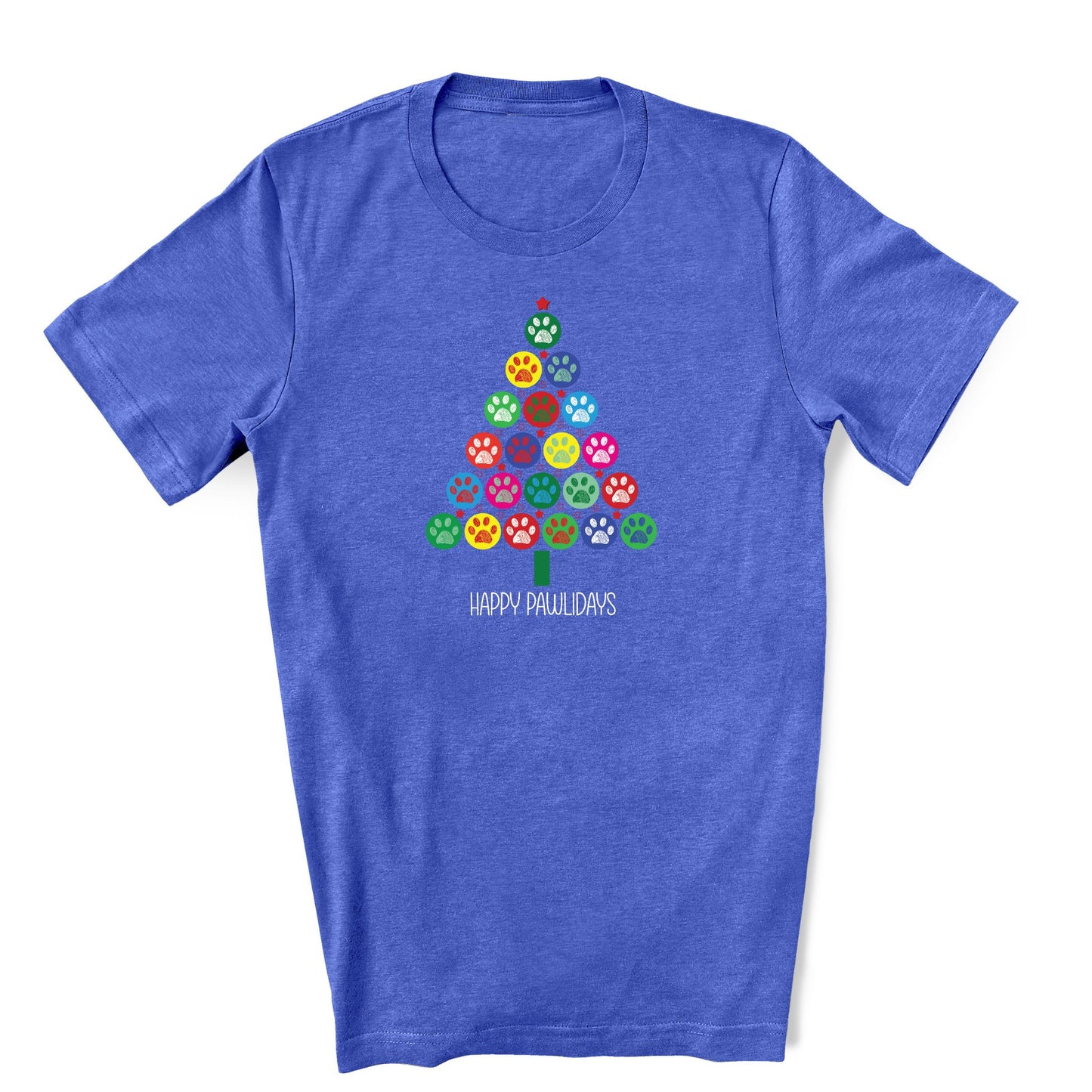Blue t-shirt featuring a colorful Christmas tree made of paw prints with the text "Happy Pawlidays" in white.
