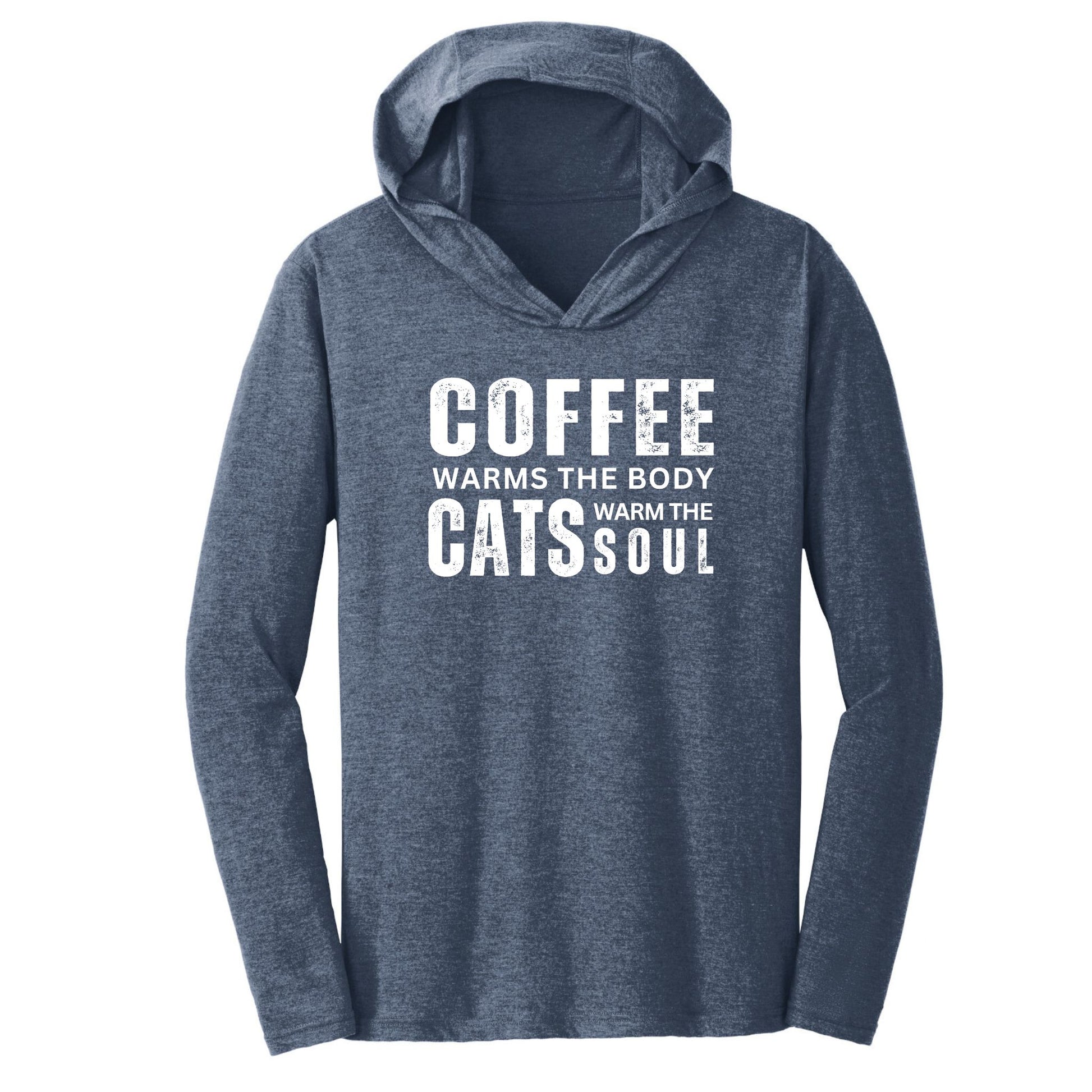 Lightweight t-shirt hoodie in navy frost with the text "Coffee warms the body. Cats warm the soul".