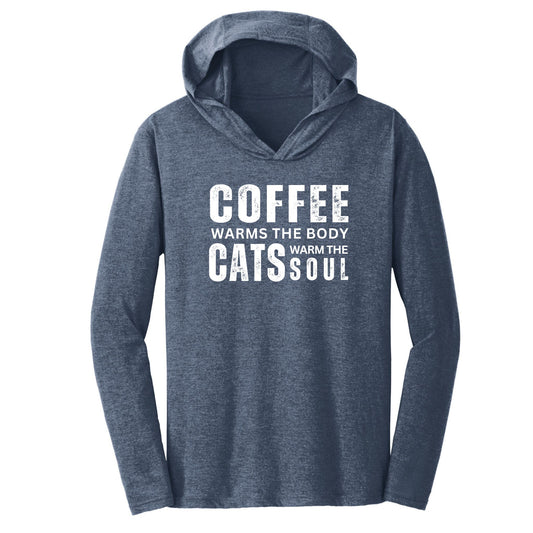 Lightweight t-shirt hoodie in navy frost with the text "Coffee warms the body. Cats warm the soul".