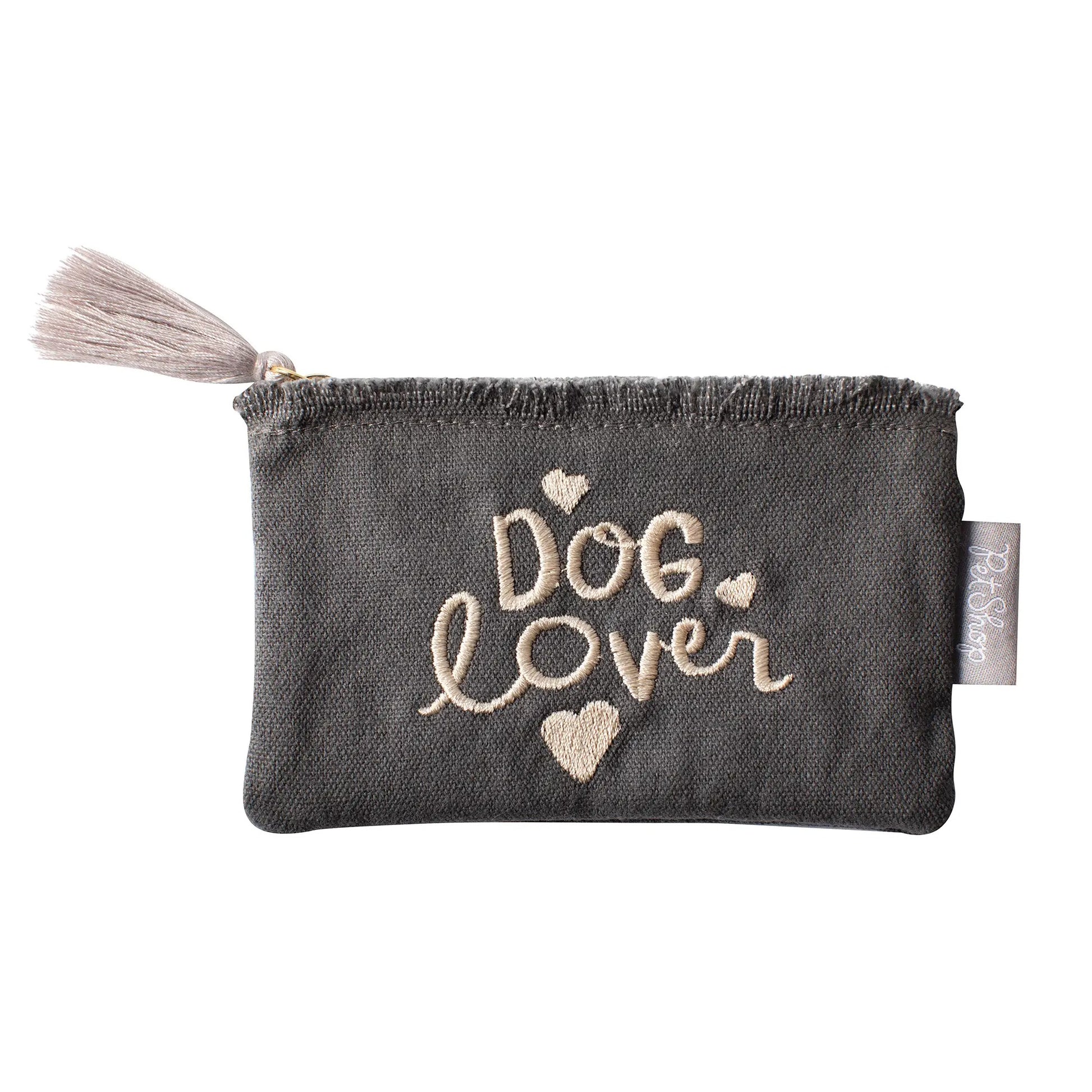 Cute gray canvas coin purse that has "Dog Lover" embroidered on the front side.