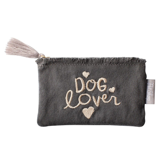 Cute gray canvas coin purse that has "Dog Lover" embroidered on the front side.