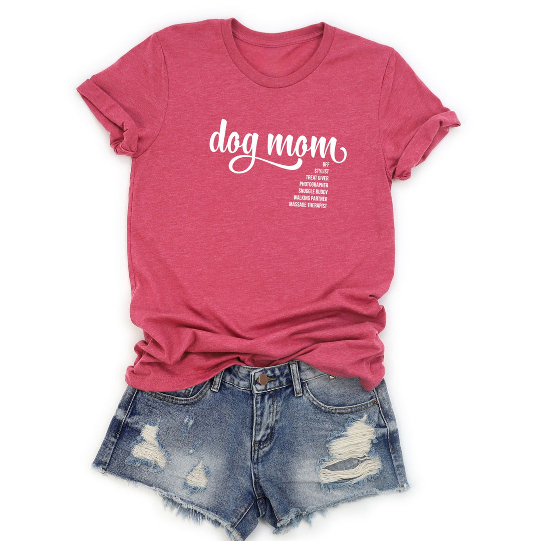 Cute and funny Dog Mom shirt flatlay with pair of jean shorts - heather raspberry from Luv the Paw