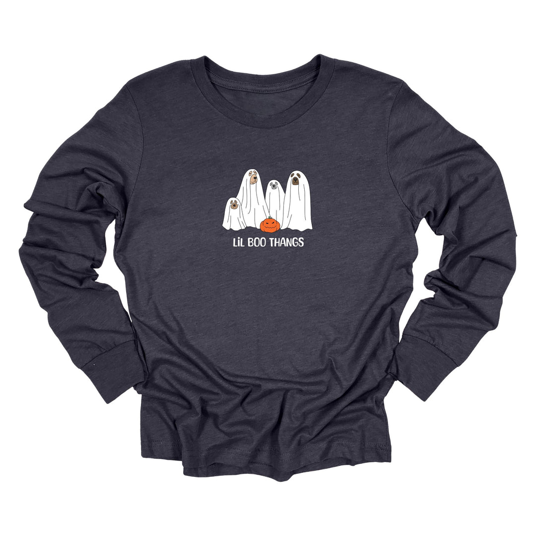 Dark gray heather long sleeve Halloween shirt with four dogs dressed as bedsheet ghosts beside a jack-o&