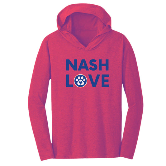 Red t-shirt hoodie - triblend with "Nash Love" on the front in blue font. The 'O' features Paw print with a heart.