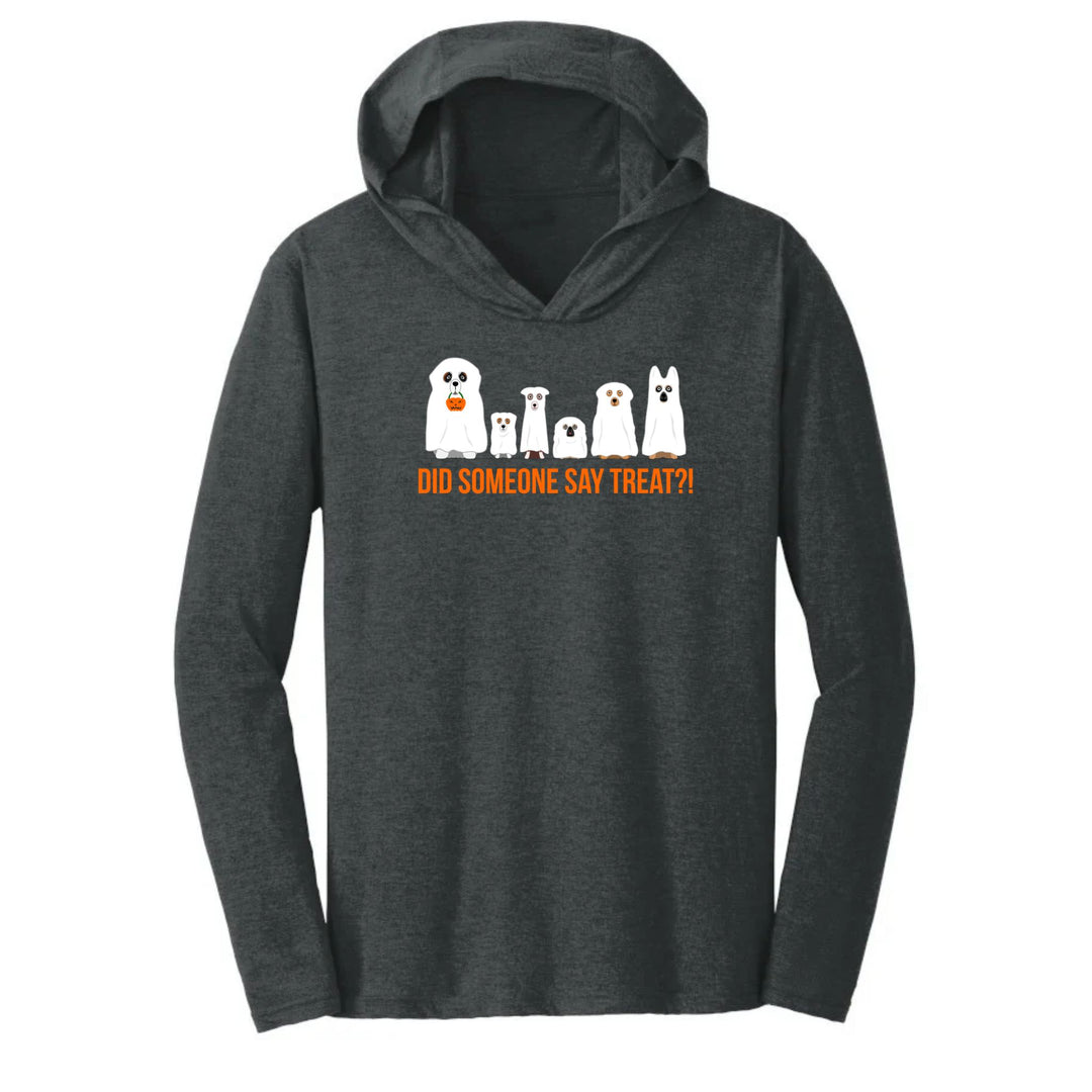 A black frost long-sleeve hoodie with a graphic of six white cartoon ghosts in different sizes above the orange text &