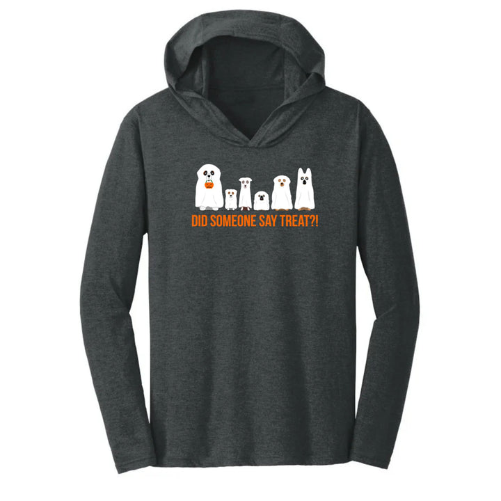 A black frost long-sleeve hoodie with a graphic of six white cartoon ghosts in different sizes above the orange text &